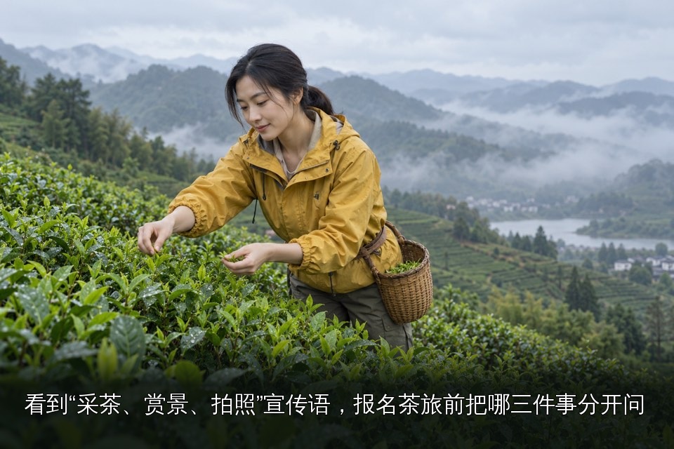 年轻女性茶文化主题图|雨天茶园采摘